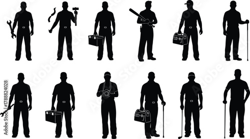 Worker silhouette set, professional tools vector collection, mechanic, plumber, carpenter, technician, tradesman, labor occupation illustration