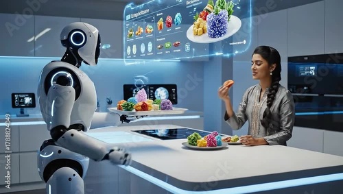 Robot serves woman futuristic meal with holographic display