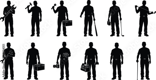 Worker silhouette set, professional tools vector collection, mechanic, carpenter, technician, handyman, tradesman, repair occupation illustration