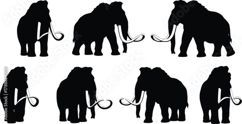 Woolly mammoth silhouette set, prehistoric animal vector illustration, ice age wildlife, ancient elephant, extinct species design