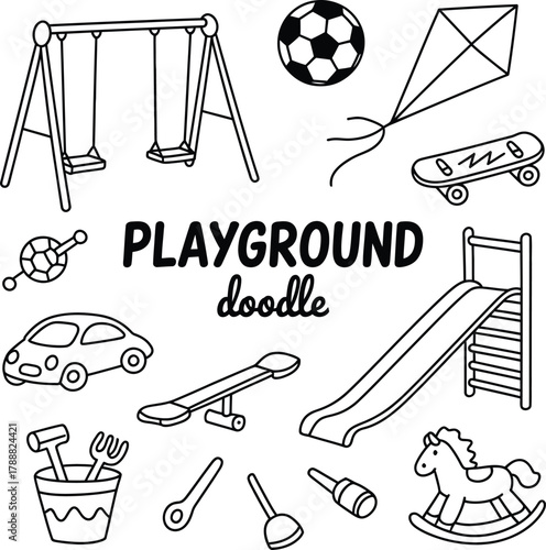 Playground doodle with swing set, ball, kite, skateboard, slide, and various toys in black outline