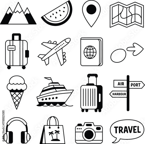 Collection of black and white travel themed icons arranged in a grid on a white background