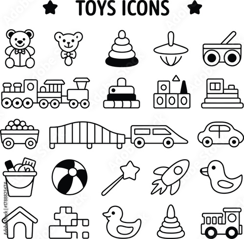 Collection of various toy icons including teddy bears trains cars and other childhood playthings outlined