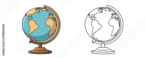 Educational cartoon globe illustration and black and white coloring book outline template on white background, geography school learning concept