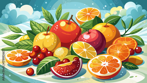 Fresh oranges, lemons, and cranberries arranged in a snowy setting with subtle frost on the surface, evoking a cozy and festive winter mood full of color and life