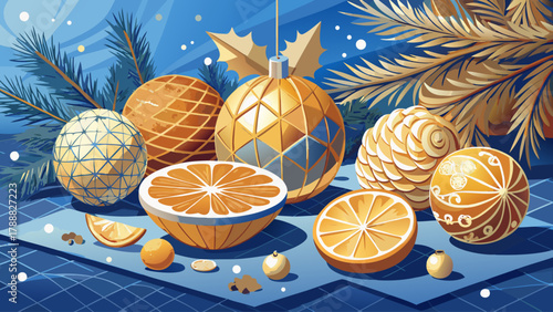 Stylish Christmas decor featuring golden baubles, white pinecones, and dried citrus slices on a blue surface, capturing the spirit of festive sophistication and seasonal warmth