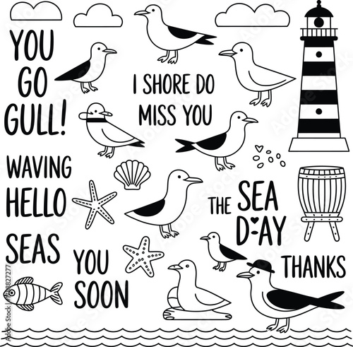 A nautical themed illustration with seagulls, lighthouse, and sea related greetings and objects