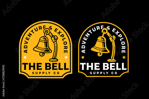 Ship bell retro badge logo design set for nautical adventure. Maritime bell vintage patch illustration graphic pack for outdoor journey. Brass bell rustic emblem vector element design for exploration