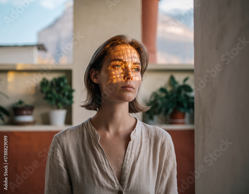 Soft morning light on a reflective woman indoors