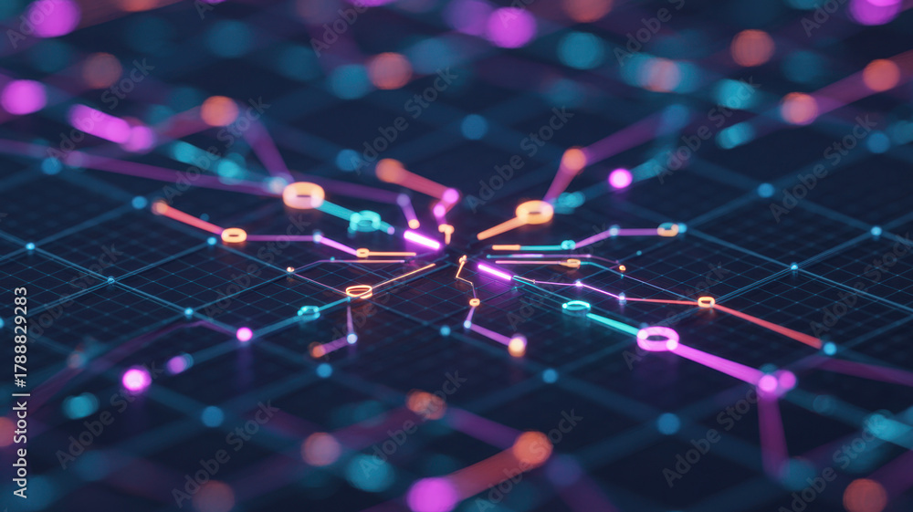 Obraz premium Dark hexagon abstract technology background with blue and pink colored bright flashes under hexagon. Hexagonal gaming abstract tech background. High quality illustration 