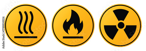 Warning hazard symbols: hot surface alert sign, flammable material hazard, radioactive safety signs