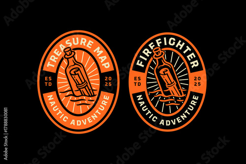 Treasure map with floating bottle retro badge logo design set for marine adventure. Message in bottle vintage patch illustration graphics. Floating message bottle rustic emblem vector element designs