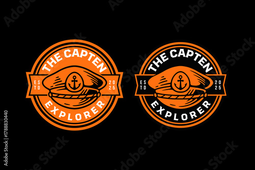 Captain hat retro badge logo design set for nautical explorer. Sailor cap vintage patch illustration graphic pack for adventure. Seafarer hat rustic emblem vector element designs for ocean and travel