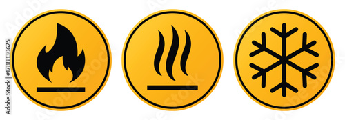 Set of hazard warning signs: flammable material signs, hot surface hazard, cold temperature safety symbol