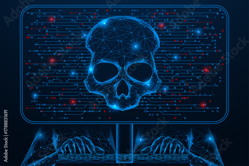 A digital virus attack. Hands typing on a keyboard, in front of a monitor, on the screen of which a glowing skull appears. The concept symbolizes a cyber attack and virus infection of the system.