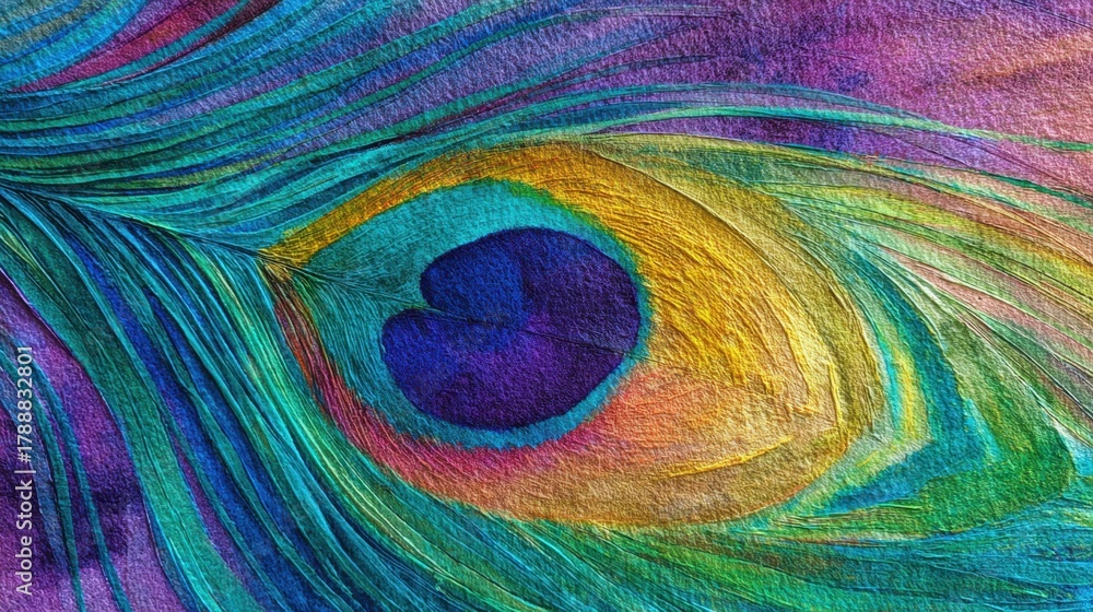 Obraz premium A colorful peacock feather reveals intricate patterns and a blend of hues. The close-up view highlights the beauty and detail found in nature. This artwork showcases vivid colors and textures.