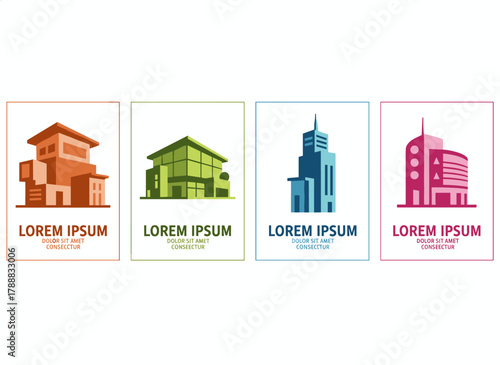 A collection of posters featuring abstract architectural backgrounds, a vertical placard designed for text, and vibrant vector illustrations