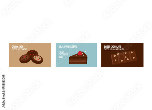 A collection of vibrant horizontal banners featuring mouth‑watering desserts or sweet dishes—candies with varied fillings, fondant, chocolate—illustrated as a vector for a café or confectionery ad