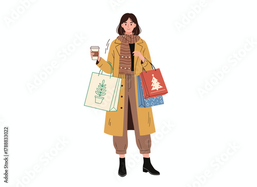 A woman outdoors carrying Christmas shopping bags, holiday gifts, and a steaming coffee cup, while a young girl prepares for Christmas in December, depicted in a flat vector illustration on a white