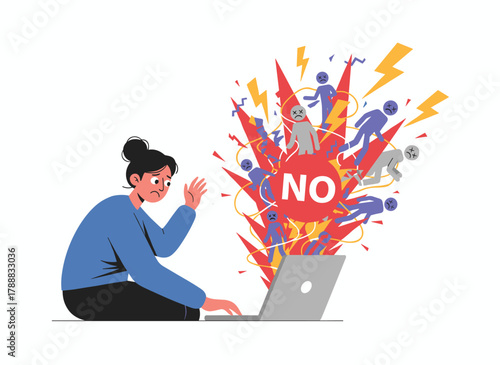A woman experiences a panic attack after reading online news, posts anxious content on social media, illustrating the fear of widespread negative information on the internet in a flat cartoon vector