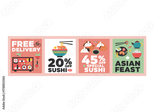 A set of sushi-themed Japanese food banners and advertising card designs featuring an Asian cuisine restaurant, a Japan bar, and promotional horizontal and vertical backgrounds, along with sushi sale