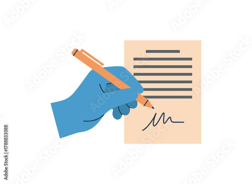 A hand clutching a pen signs a business document, adding a signature to a paper contract, while an arm completes an abstract legal agreement, finalizing the deal; a flat vector illustration set