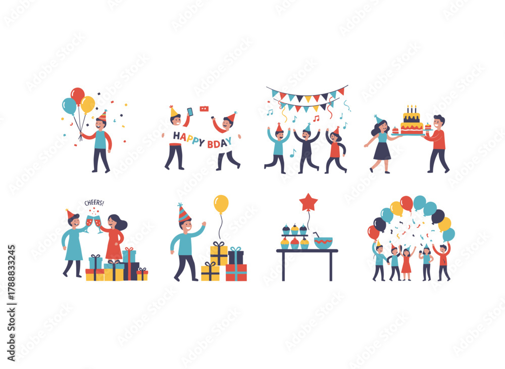 Fototapeta premium A group of flat cartoon characters celebrating a birthday, eating cake, taking a group photo, singing, and sipping cocktails, depicted in a colorful vector illustration on a white background