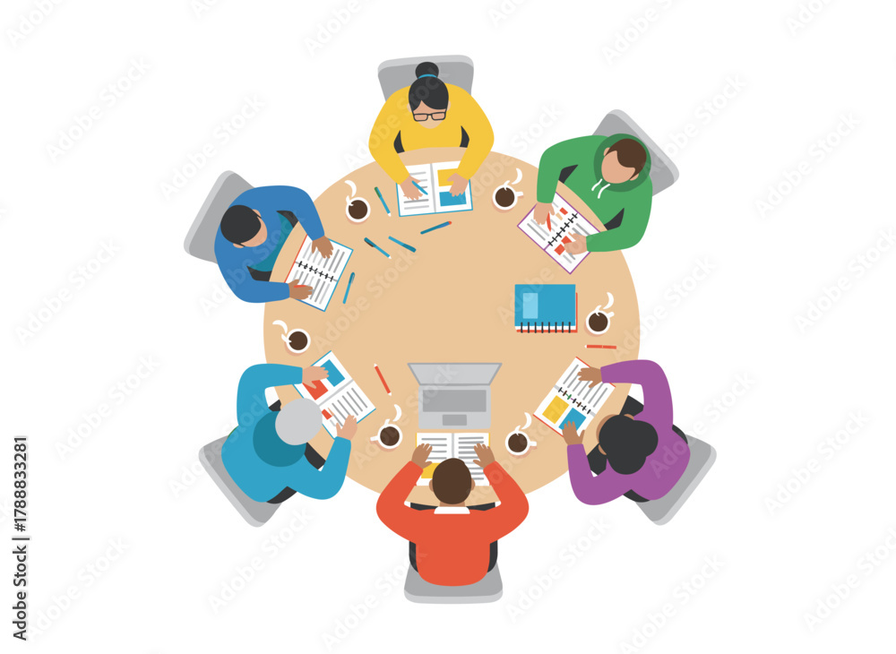 Fototapeta premium Top-down view of a group of students collaborating at a desk with books and a laptop, meeting to study and prepare for an exam, depicted as a flat vector illustration on a white background