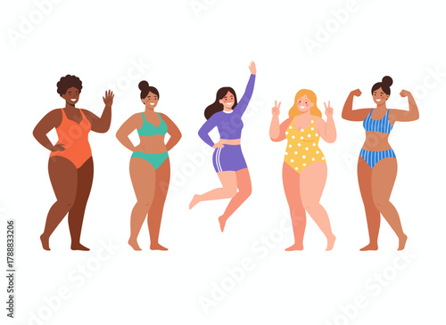 Joyful, varied women in swimwear, captured in a bikini portrait; a group of girls of diverse races, skin tones, heights, and weights, celebrating diversity and body positivity, rendered as a flat