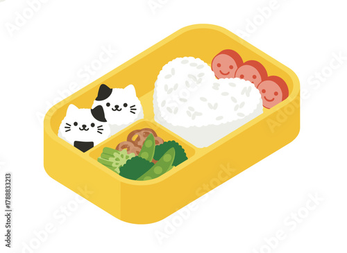 Adorable bento, a Japanese lunch box illustrated as a humorous cartoon in a colorful isometric vector style