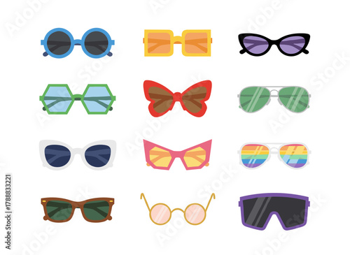 A fashion glasses set featuring hand‑drawn sunglasses that blend vintage, modern, and futuristic styles