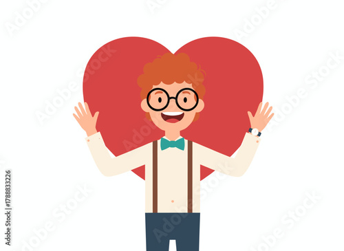 Joyful volunteer cradling a large heart, embodying philanthropy, charity, and donation; an altruistic individual sharing love, giving help, and donating, depicted as a flat vector illustration on a