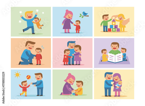 An illustrated set of parent-child disputes shown against a white backdrop, depicting mutual aggression, offensive conduct, and disobedience, rendered as a colorful flat cartoon vector