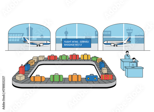 A colorful flat‑style vector illustration depicts bags and suitcases on a baggage carousel beside a window, with aircraft flying overhead, while a conveyor belt device transports checked luggage at