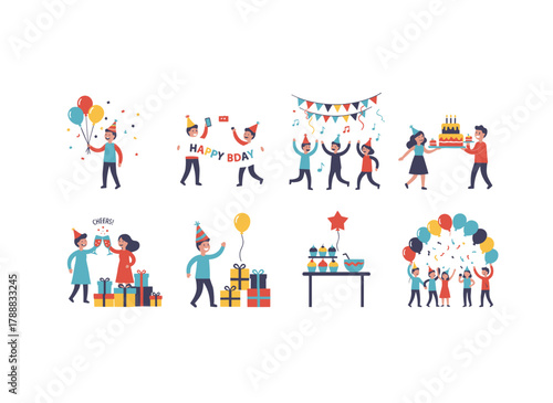 A group of flat cartoon characters celebrating a birthday, eating cake, taking a group photo, singing, and sipping cocktails, depicted in a colorful vector illustration on a white background