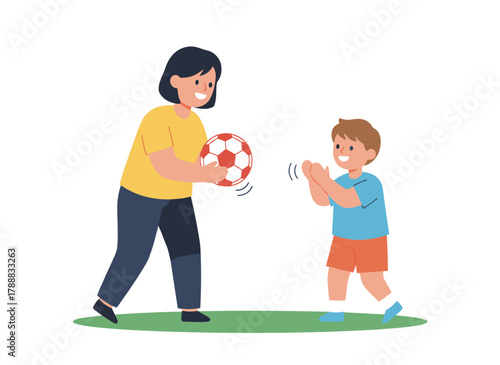 Mom and her son are playing football or soccer, shown as cute cartoon characters on a white background in a colorful flat illustration style