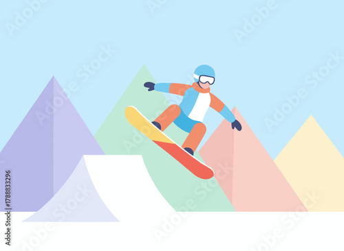 A professional snowboarder leaps into the sky, executing a trick above a mountain resort, depicted in a flat vector illustration of winter extreme sports