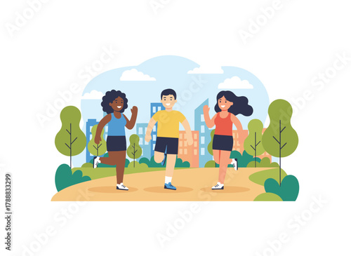 During summer, young men and women jog through a city park, running along paths to maintain an active, healthy lifestyle, depicted in a colorful flat vector illustration