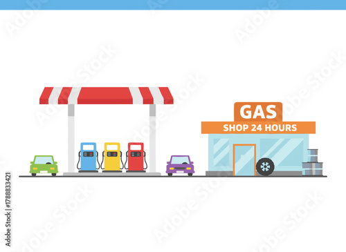 A colorful flat cartoon vector illustration of a petrol station facade set against a white background, showing a fuel‑selling facility equipped with gasoline pumps