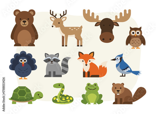 A collection of forest creatures—including bears, foxes, badgers, hares, boars, elk, beavers, lynx, and wild birds—is depicted as flat, isolated vector illustrations on a white background