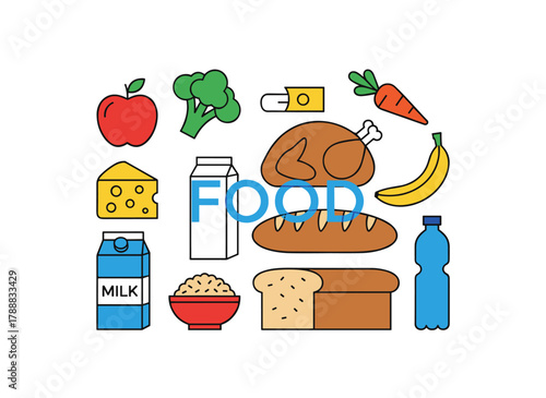 A seamless pattern featuring grocery items such as fruits, vegetables, dairy, fish, and meat on a white background, rendered in a colorful flat illustration style suitable for wrapping paper or