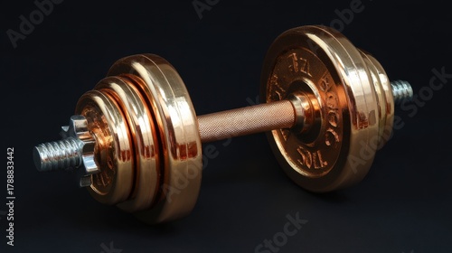 A shiny bronze dumbbell sits on a dark background, showcasing its polished surface. This equipment is perfect for weightlifting and strength training exercises at the gym or home.