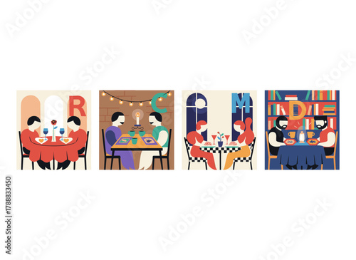 A romantic couple enjoys dinner at a cafe or restaurant, depicted in a flat illustration collection featuring men and women on a date