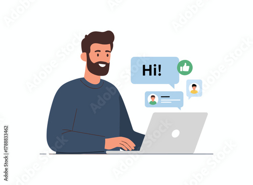 A cheerful bearded man sits at his computer, browsing a dating site to chat or search for a girlfriend online, depicted in a flat cartoon vector style