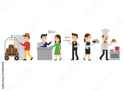 Illustration of hotel personnel—including receptionist, maid or housekeeping staff, laundry attendant, waiters and waitresses, chef, and bellhop—depicted alone against a white background in cartoon