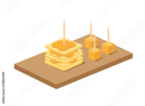 Flat vector illustration of a gourmet cheese board featuring Gouda and Emmental slices, serving as a dairy delicacy on a white background