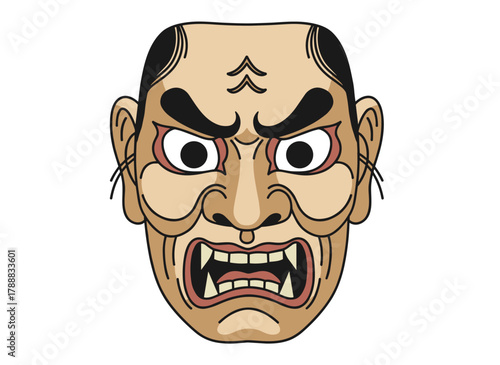 A flat graphic vector illustration of a human noh mask of Ayakashi, featuring an Asian face for Japan's Kabuki theater, depicting a man's head with a negative, angry, evil emotion for a Japanese