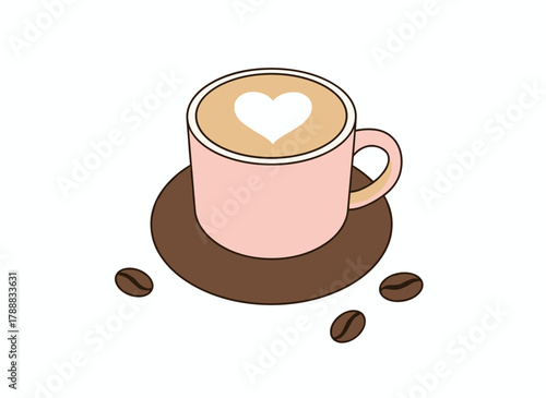 A cappuccino served in a ceramic mug, featuring milk foam with a heart-shaped latte art and beans, presented on a saucer as a hot morning beverage from a cafe, depicted as a flat vector illustration
