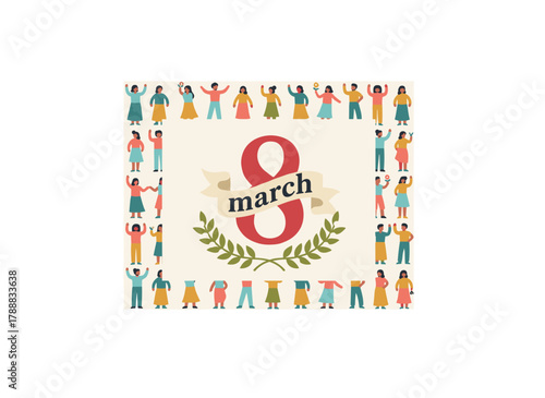 Template for an 8 March greeting card, flyer, or poster featuring a crowd of joyful, smiling women of all ages, celebrating sisterhood and the feminist movement with a flat illustration for
