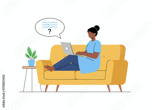 A black woman sits on a sofa with a laptop, chatting online and reading messages, portrayed as a freelance girl in a flat vector illustration on a white background